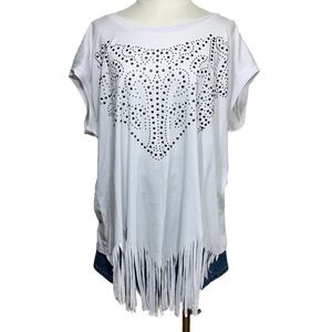 Unbranded Fringe‎ Studded T-Shirt Women 5XL White Western Boho Short Sleeve Top